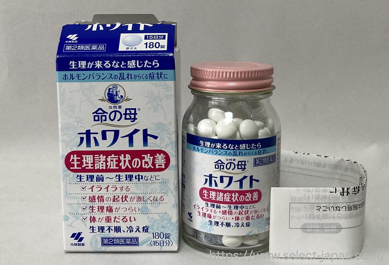 命の母　命の母ホワイト　小林製薬　生理前　生理中　イライラ　過食　頭痛　腹痛　生理不順　PMS 月経前症候群　対策　漢方　日本製　made in japan