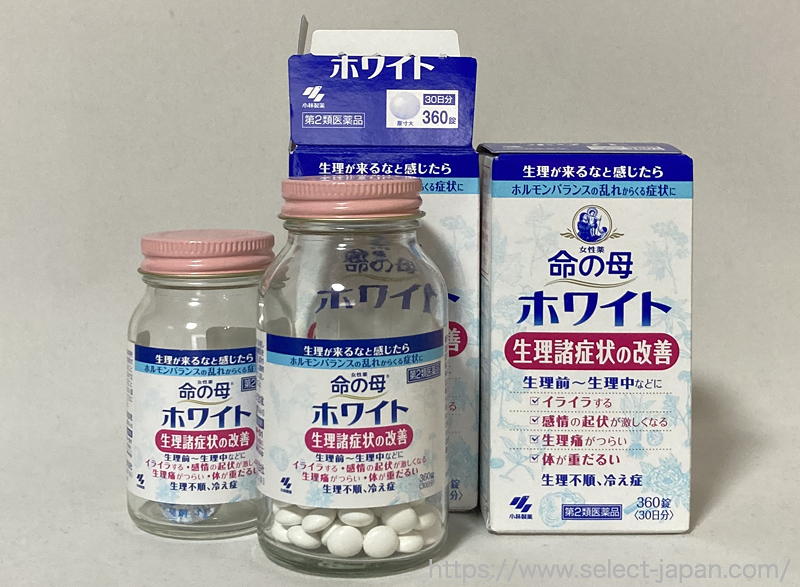 命の母　命の母ホワイト　小林製薬　生理前　生理中　イライラ　過食　頭痛　腹痛　生理不順　PMS 月経前症候群　対策　漢方　日本製　made in japan